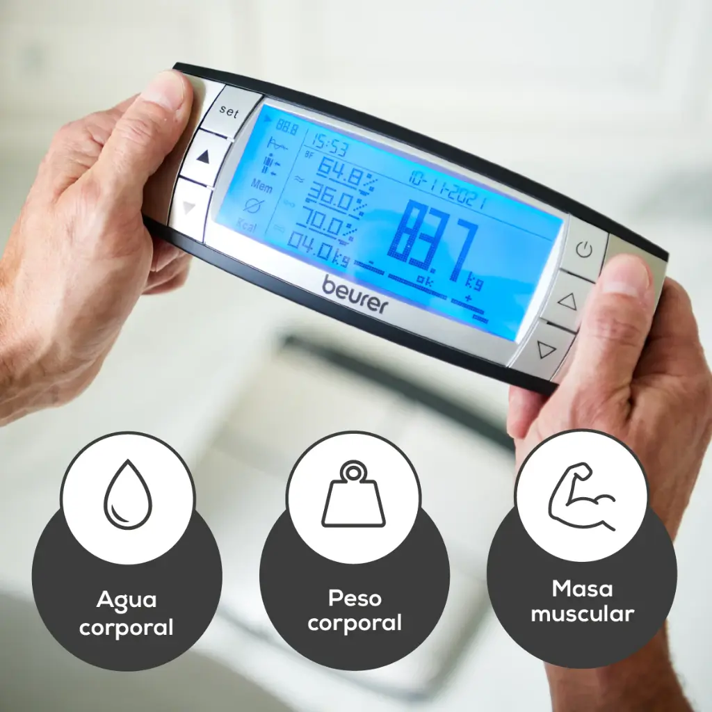 Báscula diagnóstica, Bluetooth, Análisis Segmentado del Cuerpo con 8 Electrodos y Memoria para 10 Usuarios