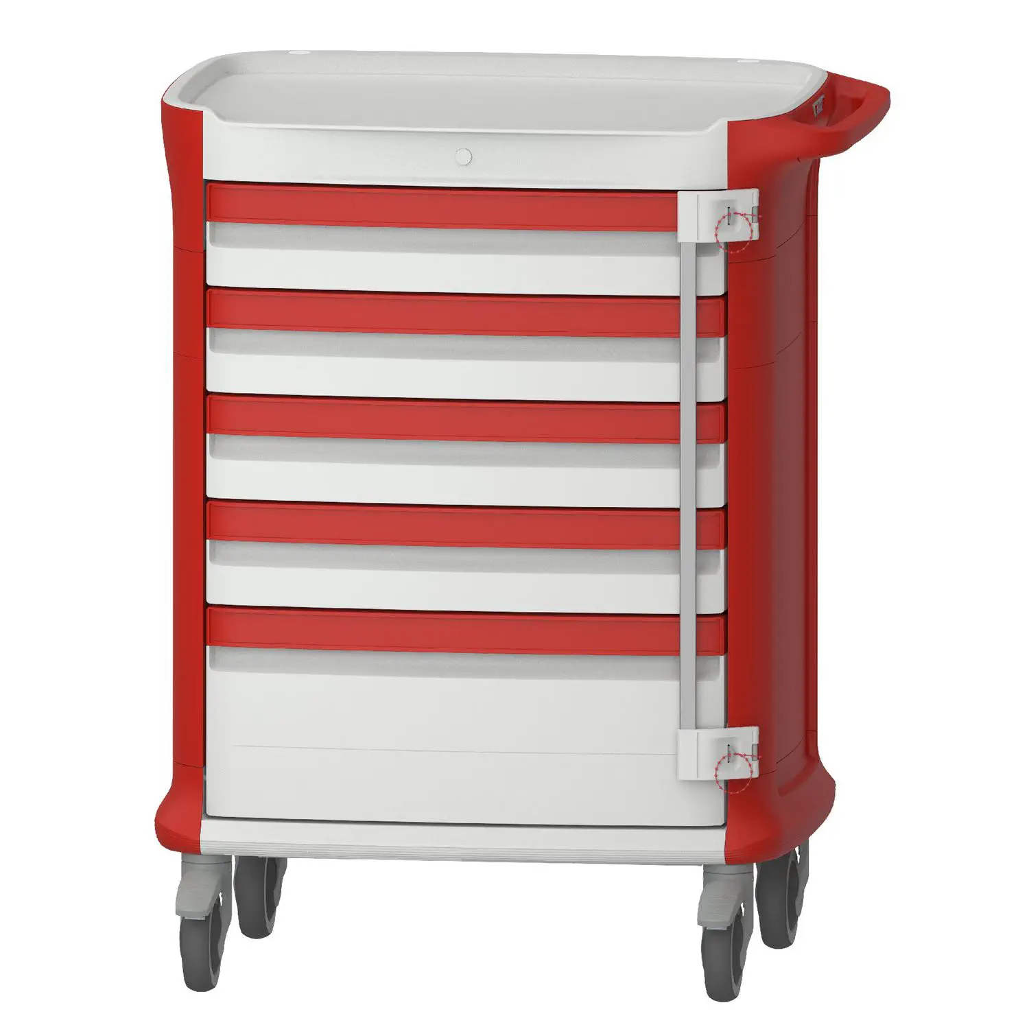 Carro rojo para emergencias de plastico ABS con 5 cajones 104 x 68 x 84 cm POLYCART 