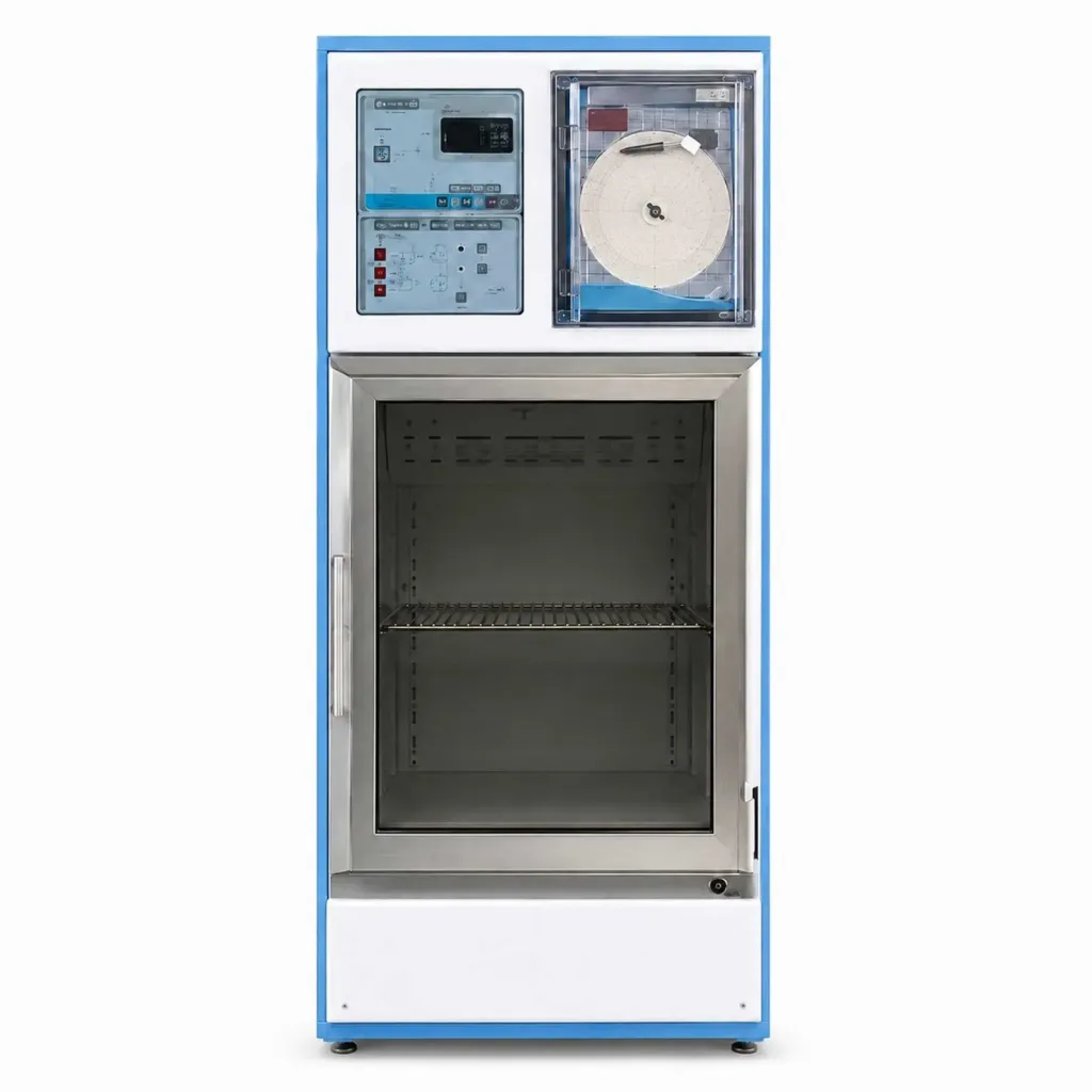 Refrigerador vertical de 5.4 pies para farmacia esmaltado con 1 puerta de cristal con graficador