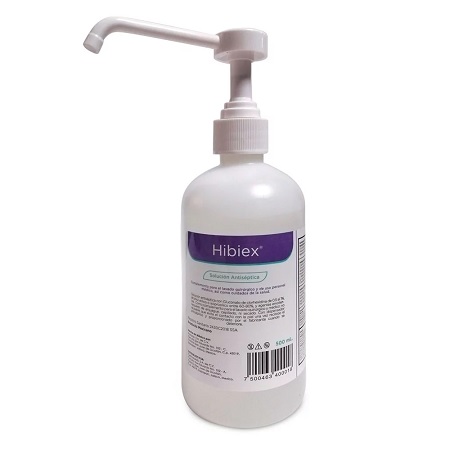 Solución antiséptica c/gluconato de clorhexidina al 1%, alcohol etílico al 70% con emolientes y aroma a hierbabuena, Mod. Hibiex 500ml caja c/20 pz