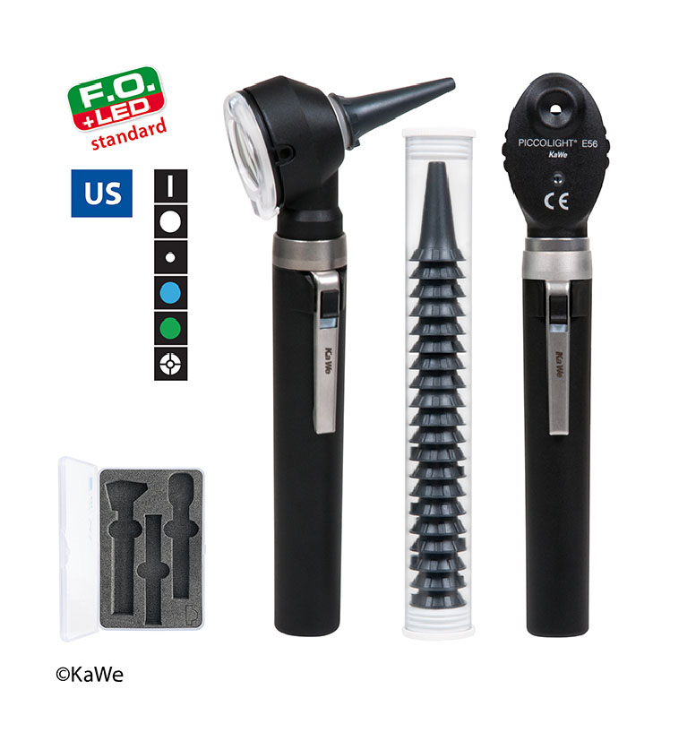 Set de otoscopio/oftalmoscopio 2.5 V PICCOLIGHT F.O. LED / E56, USA – 2 cabezales, 6 diafragmas, 2 mangos