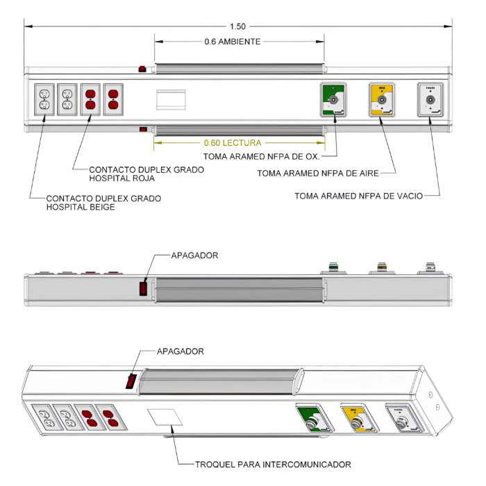 Consola 4 V delta de 150 cms con 3 tomas (aire/oxigeno/vacio) + 2 contactos duplex (rojo y beige) con iluminación de ambiente y lectura para un encamado