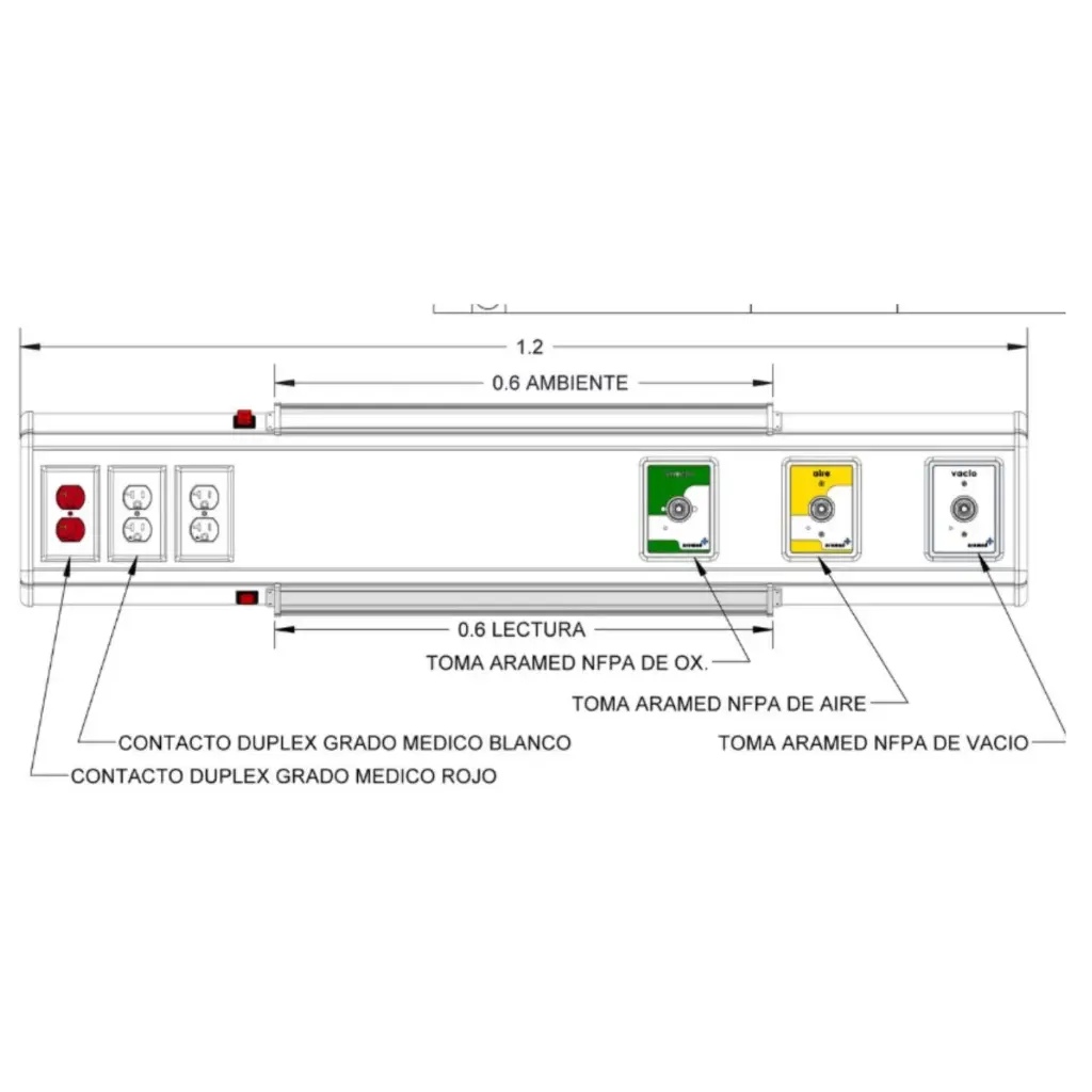 Consola 4 V delta de 120 cms con 3 tomas (aire/oxigeno/vacio) + 3 contactos duplex (2 grado medico, 1 tension regulada) con iluminación ambiental y nocturna para un encamado
