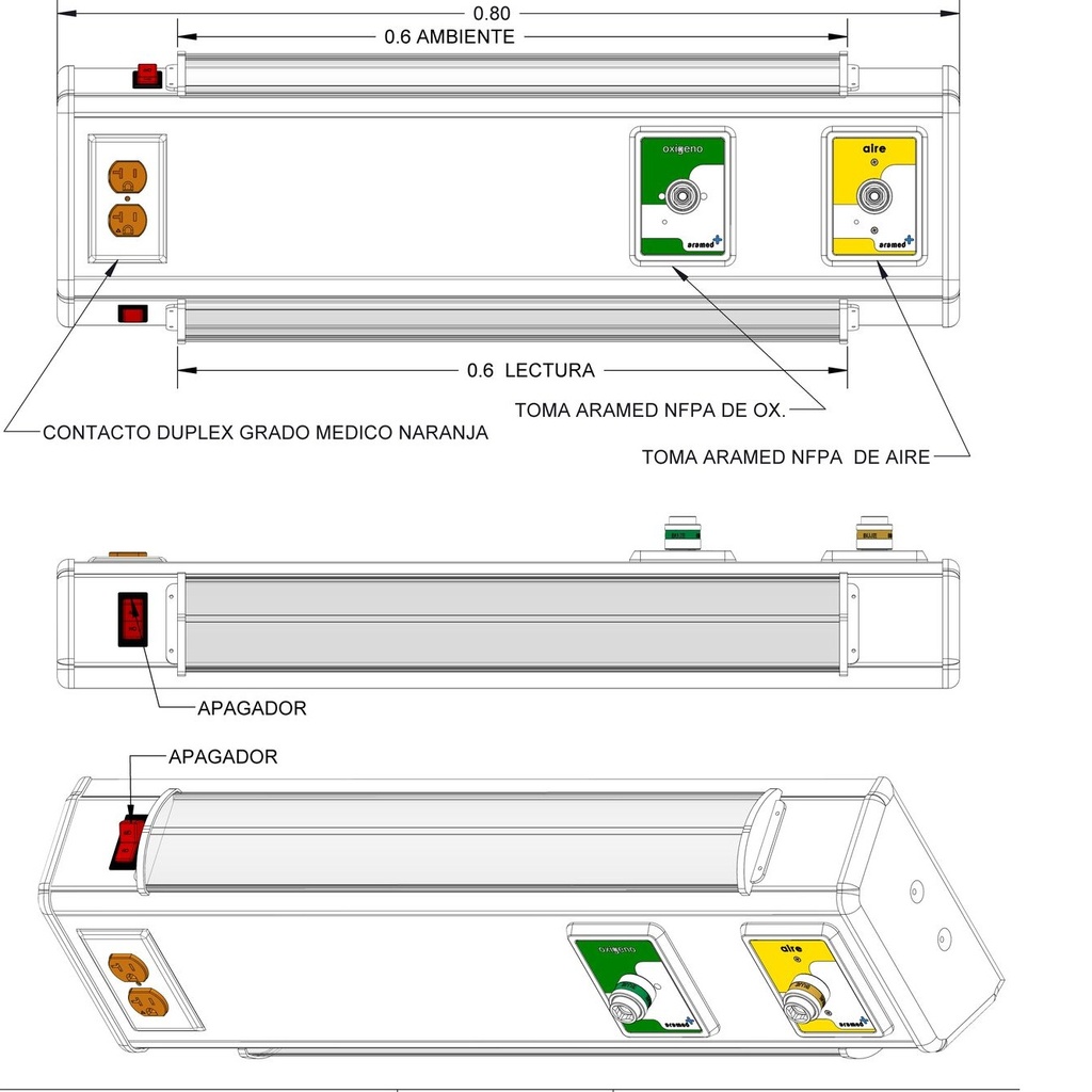 Consola 4 v delta de 80 cm básica tomas oxigeno/aire tipo NFPA, 1 contacto duplex y lámparas lectura y ambiental con dos apagadores sencillos