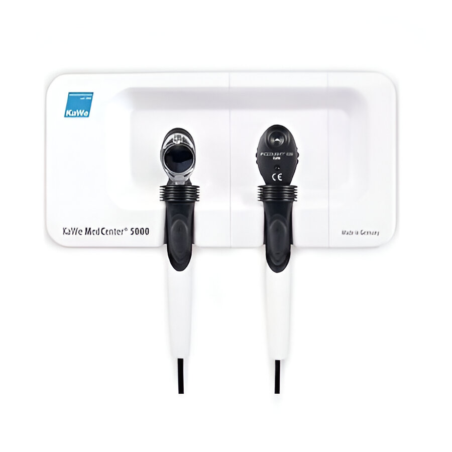 Set de diagnostico MedCenter® 5000 de pared, con Otoscopio F.O. LED y Oftalmoscopio E56 (USA),  incluye modulo basico mas modulo de ampliación con 2 mangos KaWe, Incluye kit de montaje en pared 