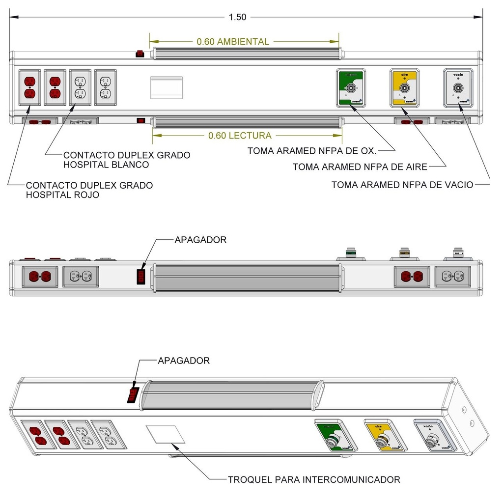 Consola 4 V delta de 150 cm  3 tomas NFPA (oxigeno/aire/vacio) 8 contactos duplex grado medico (4 blancos y 4 rojos) con troquel para intercomunicador