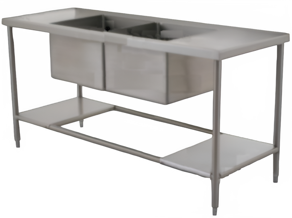 Mesa de 300cm con doble fregadero central de lámina de acero inox cal. 18