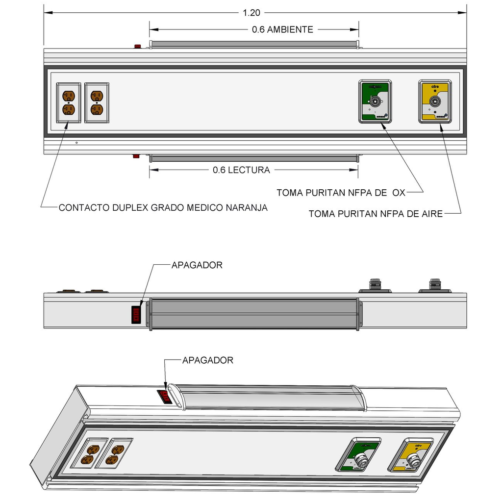 Consola de 120 cm con riel con porta-equipo y portavenoclisis, iluminacion, con 2 tomas (aire y oxigeno) y 2 contactos duplex