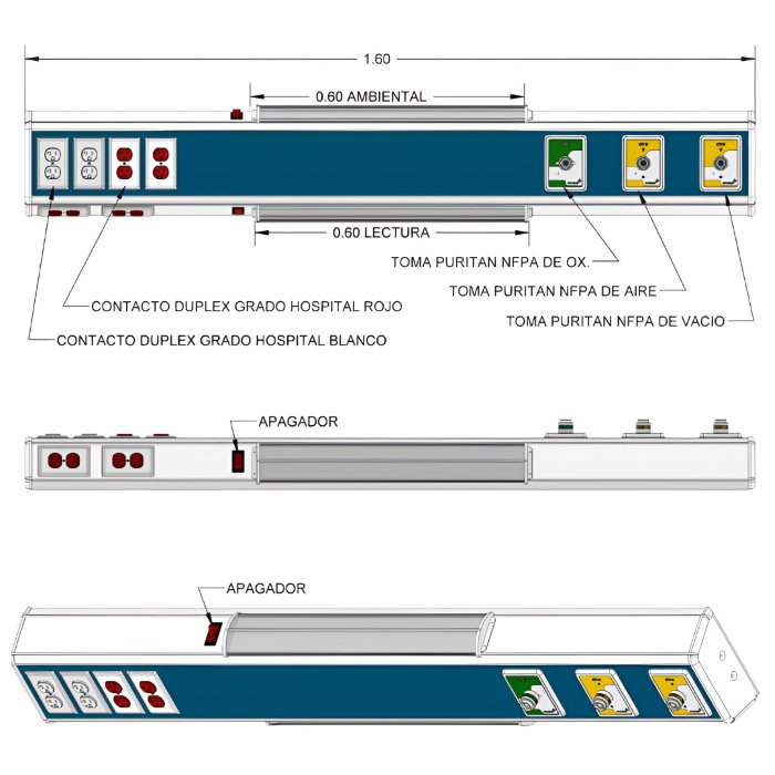 Consola 4 V delta de 160 cm 3 Tomas 4 contactos y lampara de lectura y ambiental