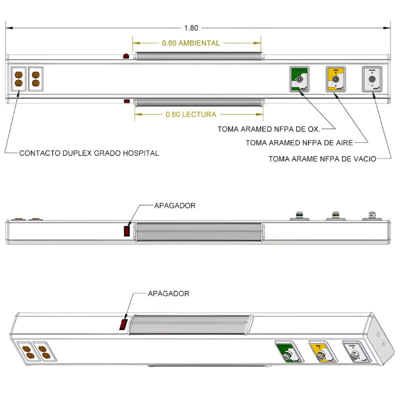 Consola 4 V delta de 180 cms con 3 tomas (aire/oxigeno/vacío) + 4 contactos duplex con iluminación para un encamado