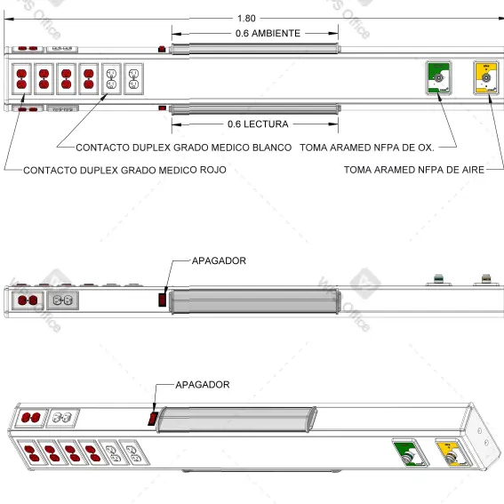 Consola 4V delta de 180cm con 2 tomas (aire/oxigeno) y 9 contactos duplex con iluminacion