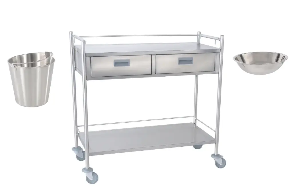 Carro auxiliar clinico inoxidable 304 en cubierta y 201 en estructura con cajon inoxidable 430