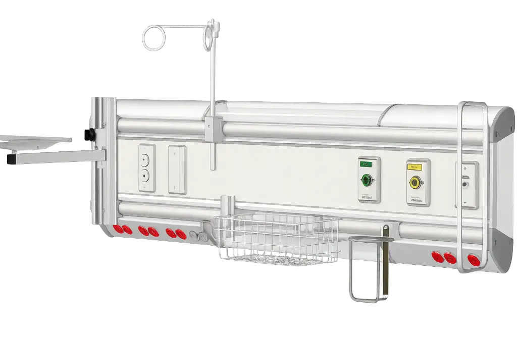Consola horizontal de paciente Mod. Horizon III con tomas de Aire, oxígeno, óxido nitroso, aire de instrumentos y 6 contactos médicos (rojo, blanco, naranja)