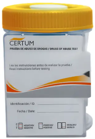 Prueba antidoping 5 drogas en frasco split screen cup (AMP/COC/MET/PCP/THC) caja c/25