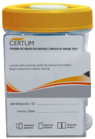 Prueba antidoping 6 drogas en frasco split screen cup (AMP/BZD/COC/MET/OPI/THC) caja c/25pz