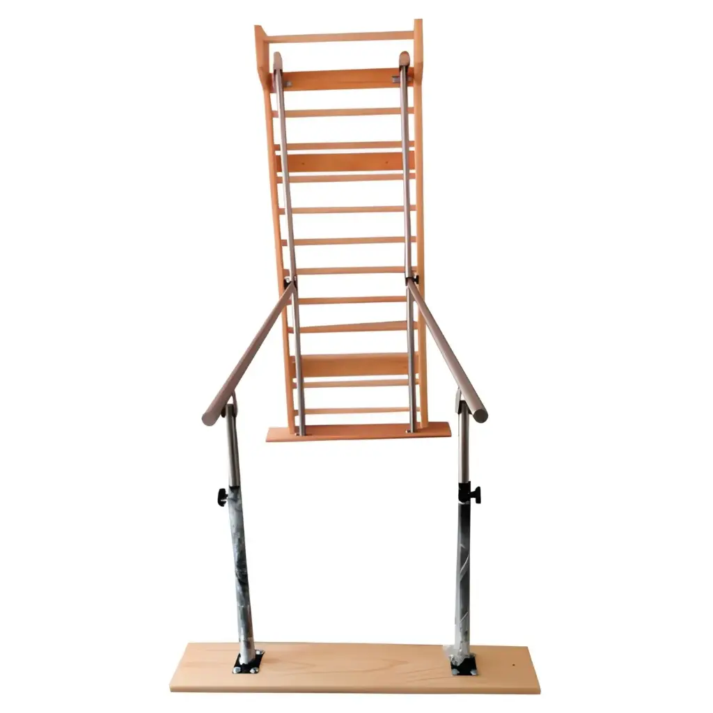 Barras paralelas plegables con barras suecas ancladas fabricadas de madera para fisioterapia