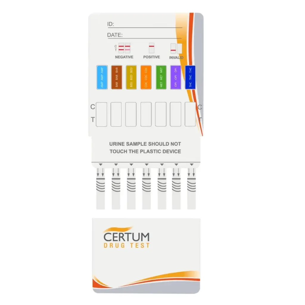 Prueba antidoping 7 drogas en Panel AMP/BAR/BZD/COC/MET/MOR/THC caja c/25pzs