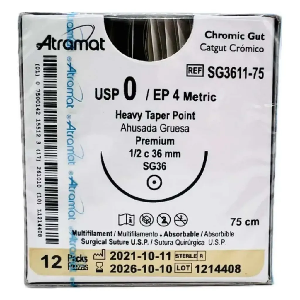 Catgut crómico 75 cm, aguja SG36 ahusada gruesa 1/2 circulo