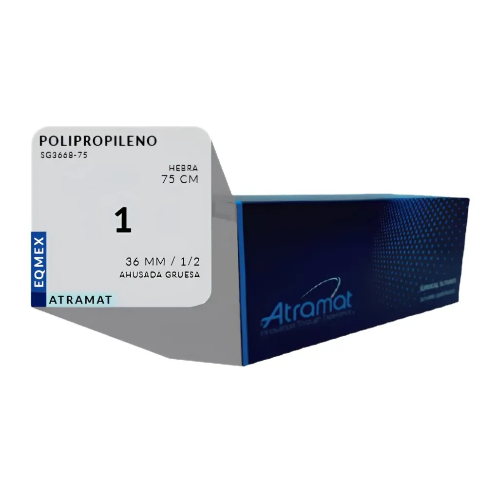 Sutura de polipropileno azul USP 1, aguja 36mm ahusada gruesa