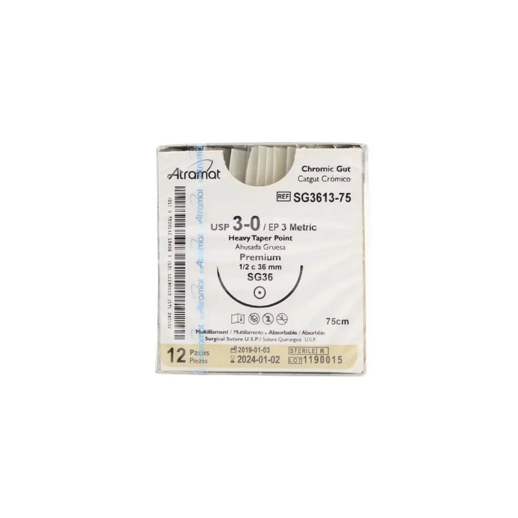 Catgut cromico cal. 3-0 ahusada gruesa premium 36mm caja c/12pzs