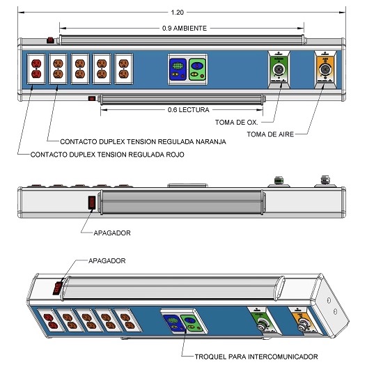 Consola 4 V delta de 120 cms con lámparas, 2 tomas, 5 contactos duplex, troquel para intercomunicador e iluminacion