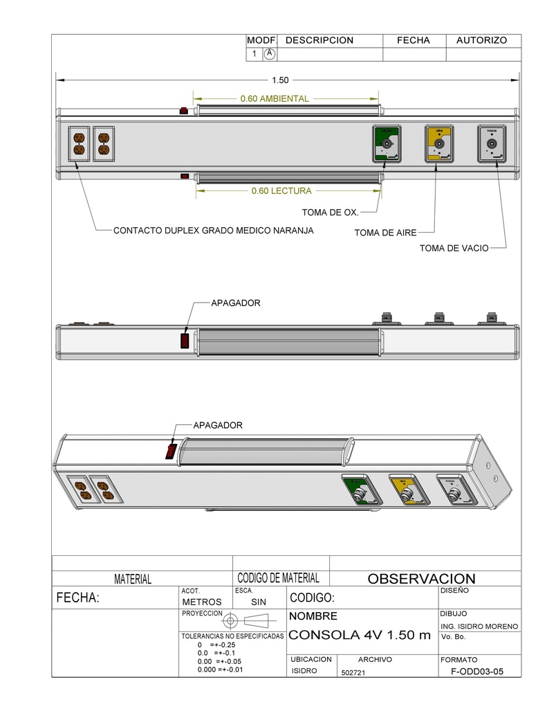 Consola 4 v delta con lámparas 1.50 mts, 3 tomas (aire/oxigeno/vacío), 2 contactos duplex grado medico