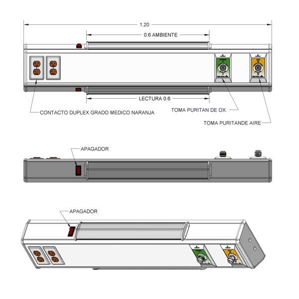 Consola 4 v delta de 120 cms Tomas de oxigeno/aire tipo NFPA y 2 contactos duplex con lámparas