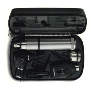 Estuche de diagnostico recargable halogeno 3.5V oftalmo coaxial/otoscopio y convertidor bateria C