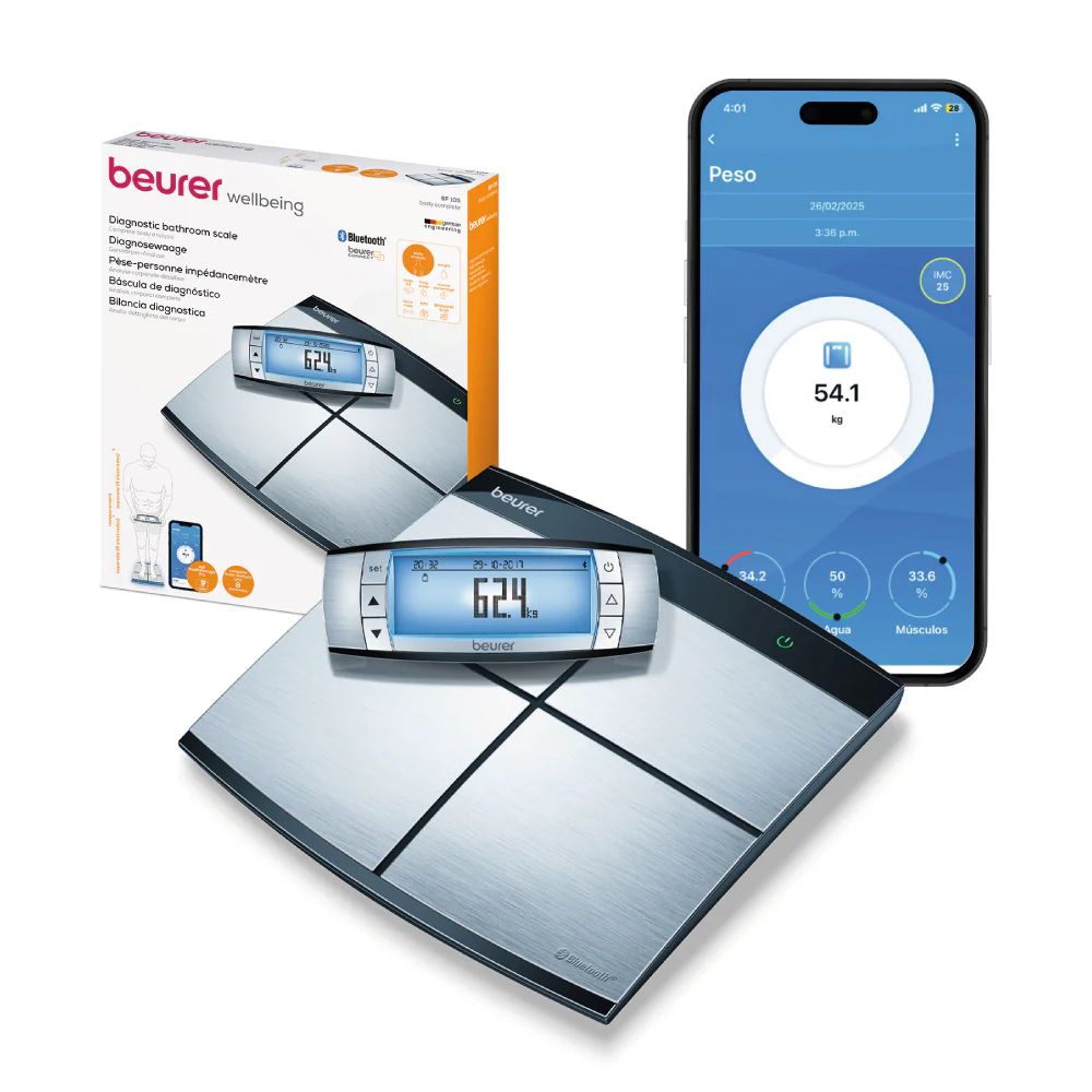 Báscula diagnóstica, Bluetooth, Análisis Segmentado del Cuerpo con 8 Electrodos y Memoria para 10 Usuarios