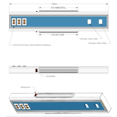 Consola de 150 cms de largo con iluminación 2 troqueles para toma NFPA 3 contactos duplex 