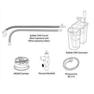 [FPY-BC161-10] Sistema de Suministro para CPAP con cámara humidificadora desechable, válvula de liberación de presión, generador de CPAP Burbuja y circuito calentado de la rama inspiratoria