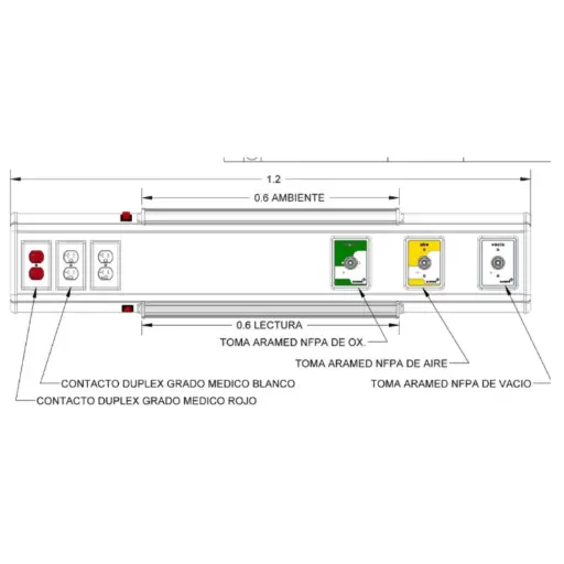 Consola 4 V delta de 120 cms con 3 tomas (aire/oxigeno/vacio) + 3 contactos duplex (2 grado medico, 1 tension regulada) con iluminación ambiental y nocturna para un encamado