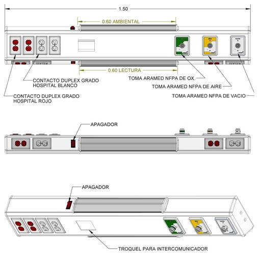 [ARD-902707-150CM-3T-8C-1TRO] Consola 4 V delta de 150 cm  3 tomas NFPA (oxigeno/aire/vacio) 8 contactos duplex grado medico (4 blancos y 4 rojos) con troquel para intercomunicador