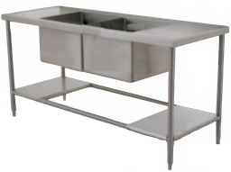 Mesa de 300cm con doble fregadero central de lámina de acero inox cal. 18