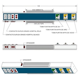 Consola 4 V delta de 160 cm 3 Tomas 4 contactos y lampara de lectura y ambiental