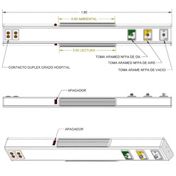 Consola 4 V delta de 180 cms con 3 tomas (aire/oxigeno/vacío) + 4 contactos duplex con iluminación para un encamado
