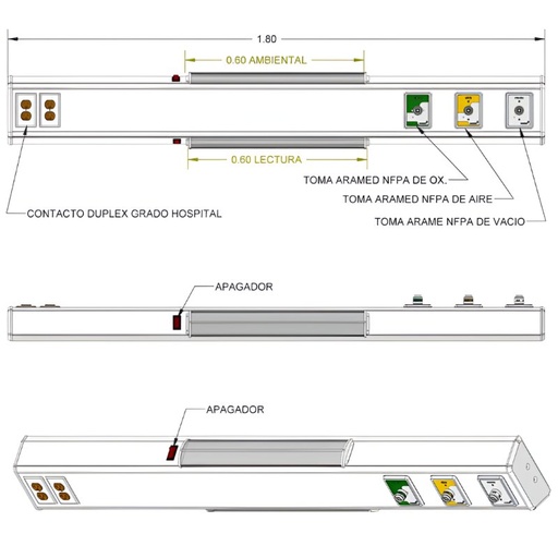 Consola 4 V delta de 180 cms con 3 tomas (aire/oxigeno/vacío) + 4 contactos duplex con iluminación para un encamado