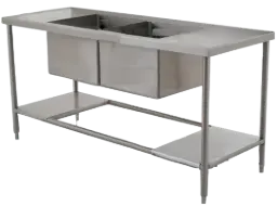 Mesa de 180cm con respaldo y doble fregadero central