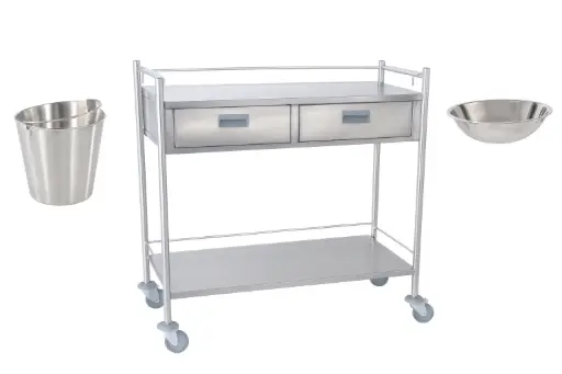 Carro auxiliar clinico inoxidable 304 en cubierta y 201 en estructura con cajon inoxidable 430