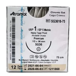 Catgut crómico 75 cm, aguja SG36 ahusada gruesa 1/2 circulo