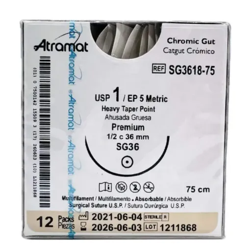 Catgut crómico 75 cm, aguja SG36 ahusada gruesa 1/2 circulo