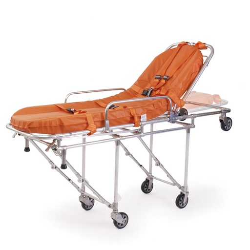 [FER-0000444] Camilla para ambulancia Mod. 25 con colchón 360 y correas sujetadoras, Color Naranja + Soporte para vehiculo