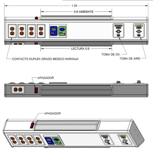 Consola 4 V delta de 120 cm tomas de oxigeno/aire tipo NFPA y 6 contactos duplex con lamparas