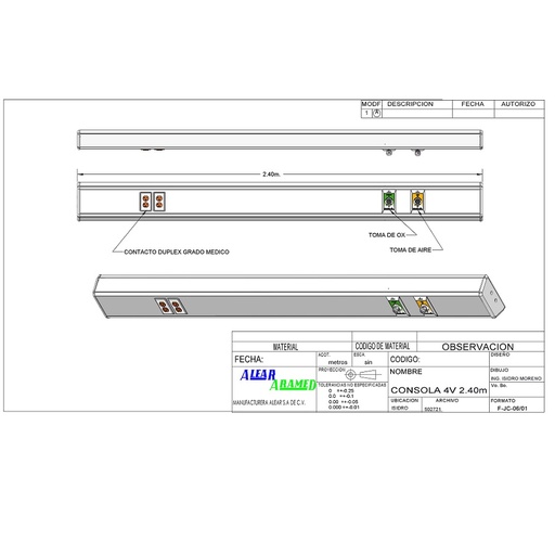 Consola 4 V delta de 240 cms con 2 tomas (aire/oxigeno) + 2 contactos duplex 127 v con iluminación para un encamado