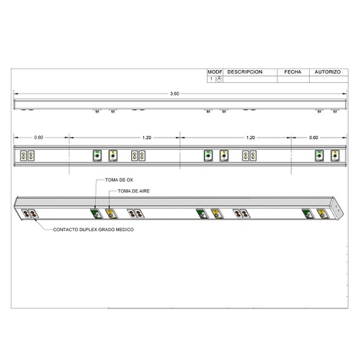 Consola 4 V delta de 3.6 m para 3 encamados con 1 toma de aire + 1 toma de oxígeno + 2 contactos duplex grado médico sin iluminación