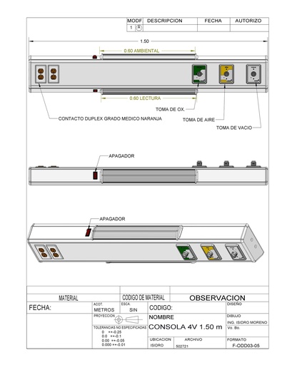 Consola 4 v delta con lámparas 1.50 mts, 3 tomas (aire/oxigeno/vacío), 2 contactos duplex grado medico