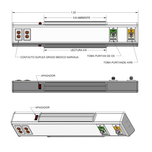 [ARD-902707-120L] Consola básica 4 v delta 120 cms Tomas de oxigeno/aire tipo NFPA y 2 contactos duplex con lámparas