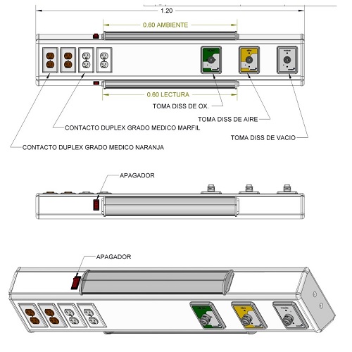 [ARD-GM32-065-010] Consola de cabecera horizontal basica Tipo II de 120 cms, Oxigeno/aire/vacio + 4 contactos + Iluminacion superior e inferior + accesorios