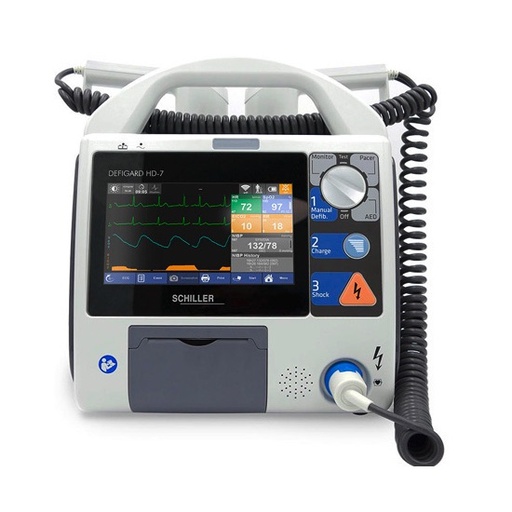 Desfibrilador Defigard HD-7, DEA/AED, marcapasos externo, SpO₂ Masimo, NIBP, impresora integrada, palas adulto/pediátricas y conectividad Wi-Fi.