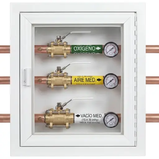 Caja de seccionamiento para 5 gases con válvulas de 19 mm (3/4") y manómetros 25mm (60X30X15)